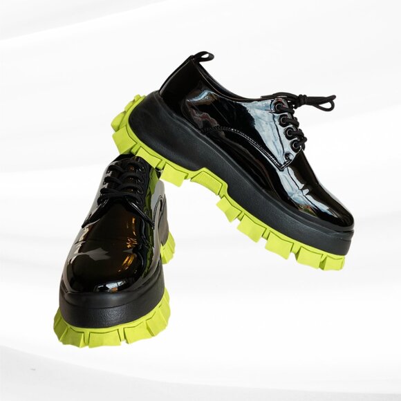 ASOS Other - ASOS DESIGN Lace Up, Black Patent, Chunky Cleated Lime Green Sole, Size US9/EU42